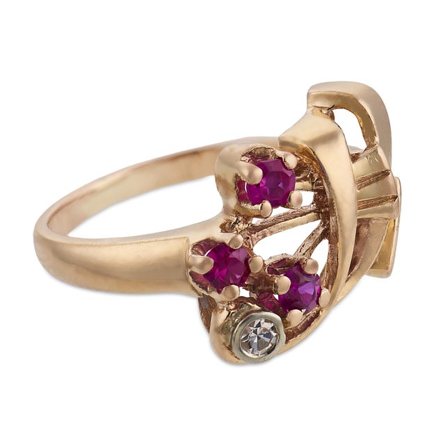Mid 20th Century Retro Ruby Diamond 14k Rose Gold Ring, Size 4.5 For Sale - Image 4 of 6