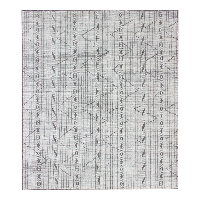 Modern Geometric Gray and Charcoal Indian Hand-Knotted Wool Rug For Sale