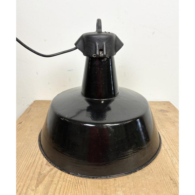 Industrial Black Enamel Factory Lamp with Cast Iron Top, 1960s For Sale - Image 13 of 15