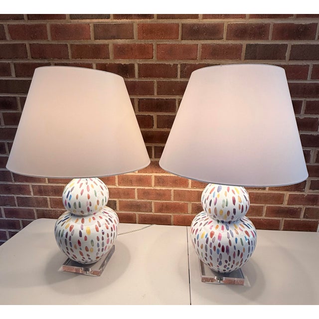 White Scalamandré for Port 68 “Jamboree Magenta” Double-Gourd Lamps - a Pair For Sale - Image 8 of 8