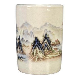 Famille Rose Crackle Glaze Porcelain Brush Pot With Landscape Scene For Sale