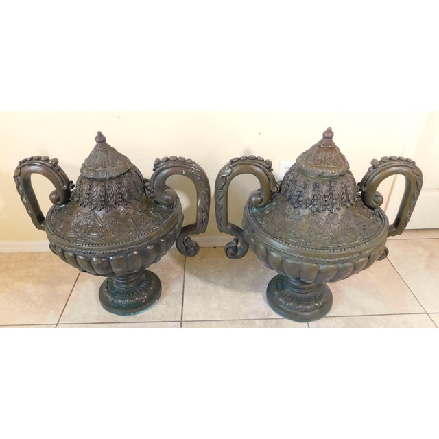 Pair Antique Bronze Urn Garden Statues For Sale - Image 10 of 12