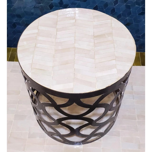 Moroccan 16" Zen Style Chevron White Mosaic Table, Black Base For Sale - Image 3 of 6