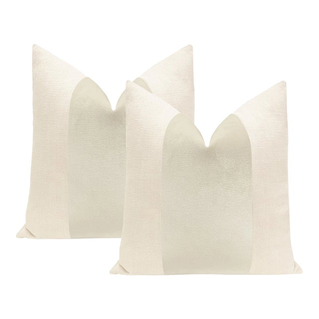 22" Alabaster Faux Leather Panel + Linen Pillows - a Pair For Sale