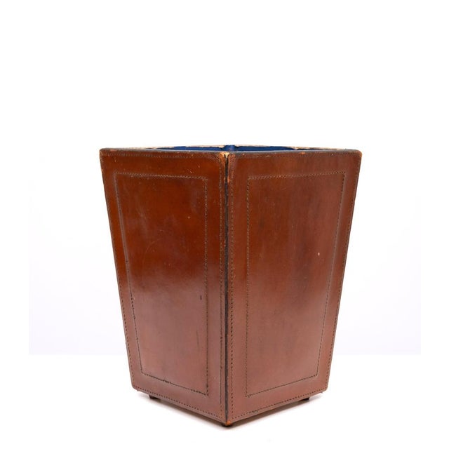 Brown Cognac Color Stich Leather Paper Basket, France, 1960s For Sale - Image 8 of 8