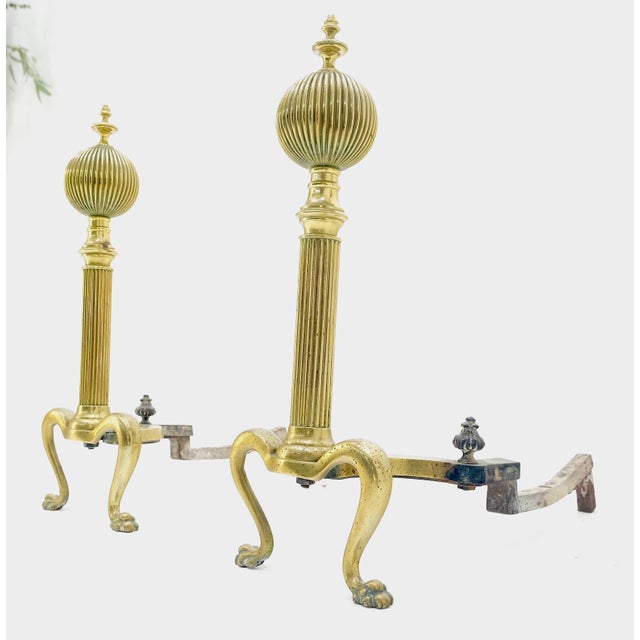 Pair of Antique Solid Brass Ball Top Claw Feet Fireplace 22" Tall End Irons MINT For Sale - Image 6 of 9