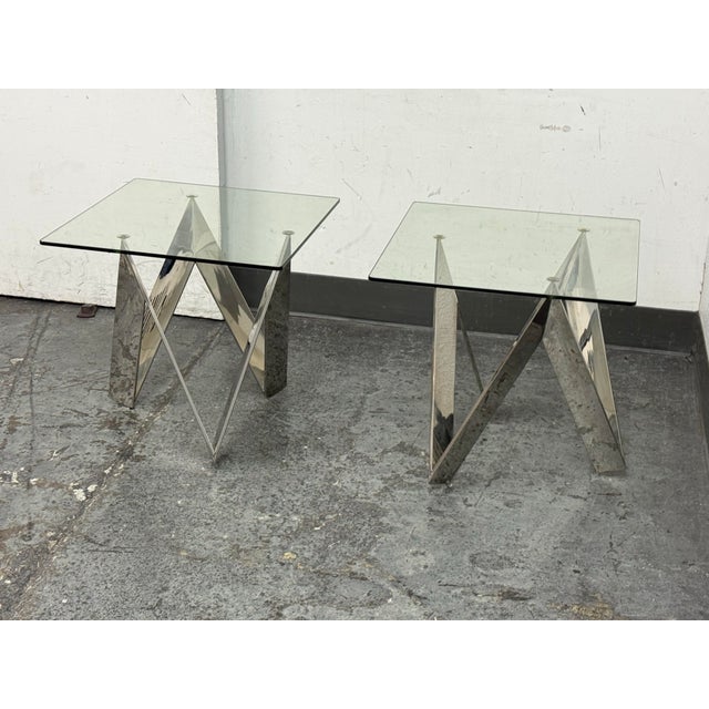 Calvin Chrome + Glass Side Tables, Pair For Sale - Image 11 of 12