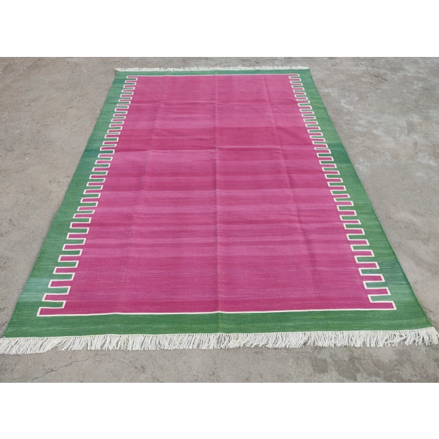 Handmade Cotton Rug, Raspberry with Forest Green Geometric Border and Cream Fringe - 6'x9' For Sale - Image 9 of 10