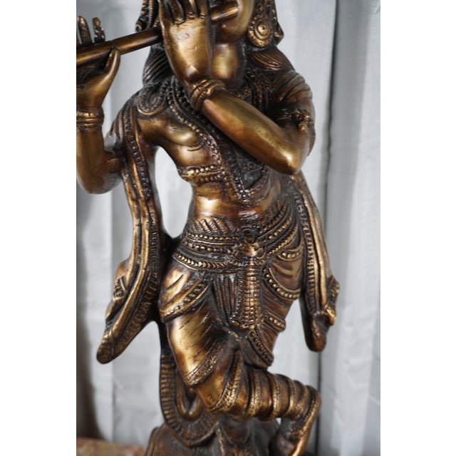 Indian Large Vintage Bronze Krishna Playing Flute Sculpture | Intricately Detailed Indian Hindu Art Statue For Sale - Image 3 of 7