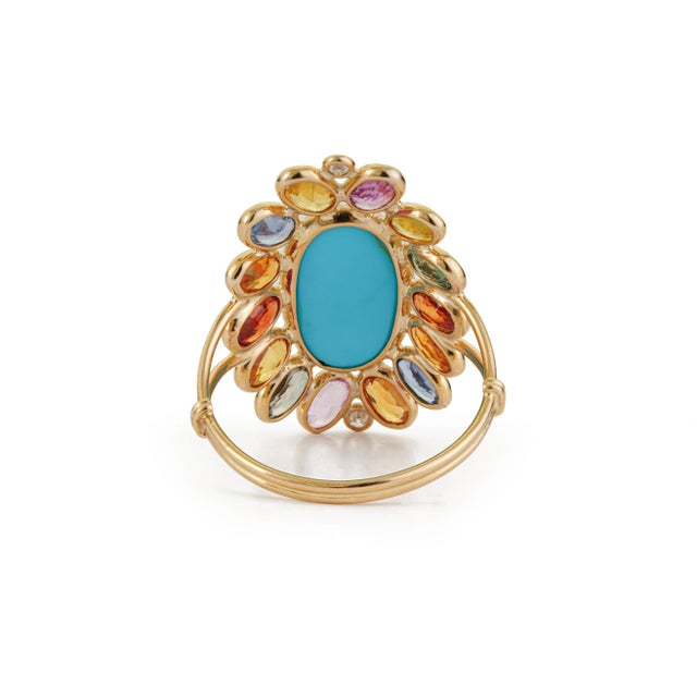 14k Yellow Gold 6.68ct Oval Turquoise Cocktail Ring Size 4 With Sapphire & Diamond For Sale - Image 9 of 16