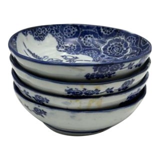 Set of Four Late 19th-Century Japanese Imari Porcelain Bowls — Rare Blue & White Floral Design For Sale