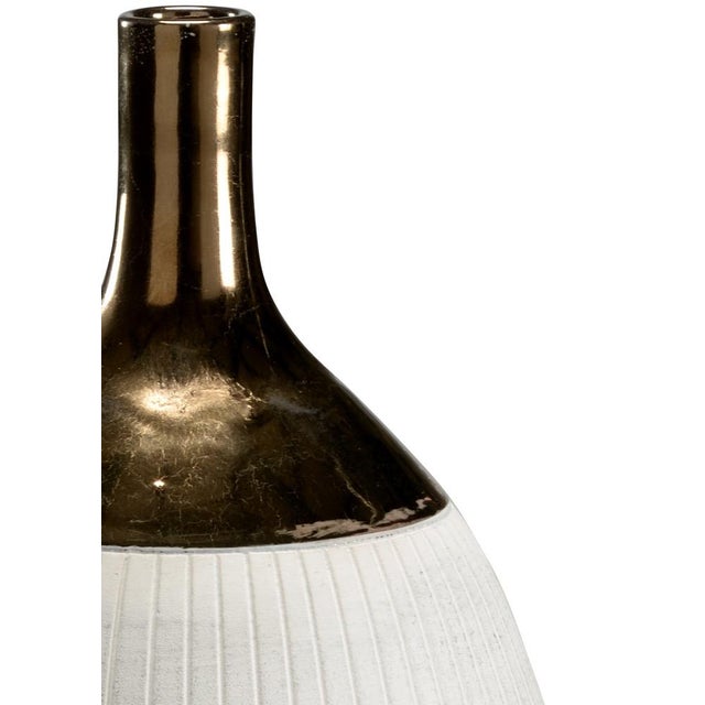 Textured white earthenware vase with burnt gold neck 16.5h x 7w x 7d