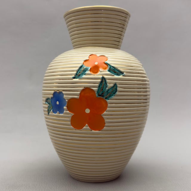 Vintage Beige and Orange Ceramic Vase with Relief Flowers from Umbertide Fornaci For Sale - Image 5 of 11