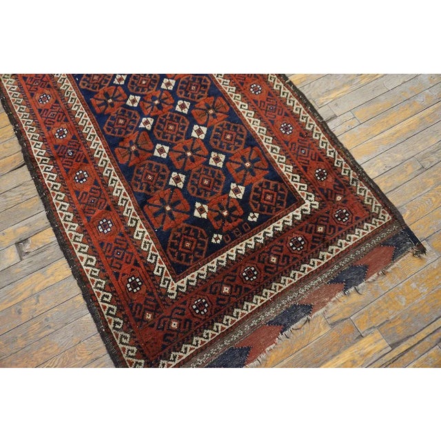 19th Century 1890s Red Wine Geometric Tribal Antique Balouch Turkman Rug 3' 0'' X4' 9'' Handknotted Wool Carpet For Sale - Image 5 of 11