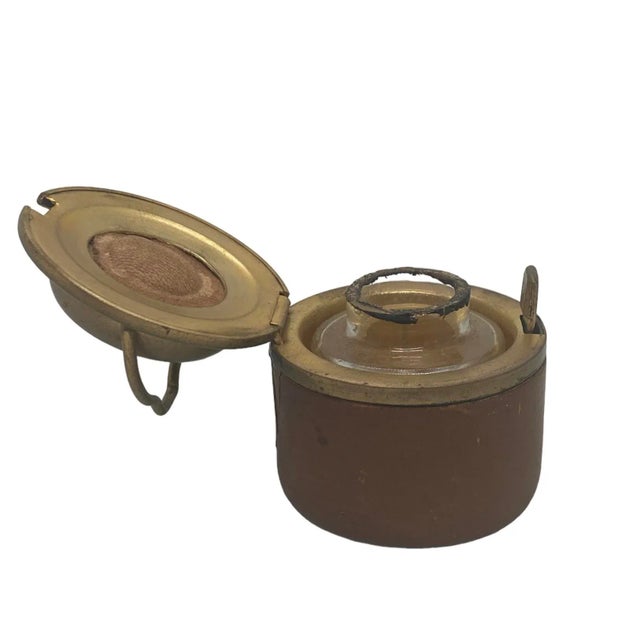 Metal Early 20th Century Leather and Brass Travel Inkwell With Handle and Glass Insert For Sale - Image 7 of 13