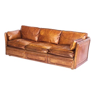 Vintage Camel Buffalo Leather Club Sofa from Roche Bobois, France, 1980s For Sale
