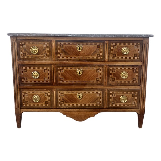 French 18th Century Louis XVI Walnut Château Period Marble Top Chest of Drawers For Sale