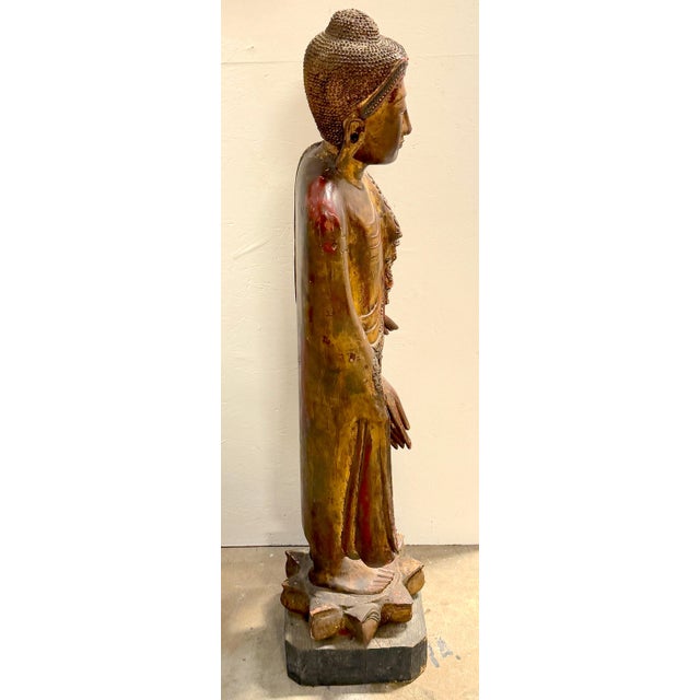 Monumental Giltwood Standing Buddha with Lotus Base, Burma, Late 19th Century For Sale - Image 17 of 18