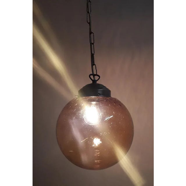 1970s Vintage Ceiling Lamp with Golden Yellow Spherical Glass Screen of Brass Mount, 1970s For Sale - Image 5 of 7