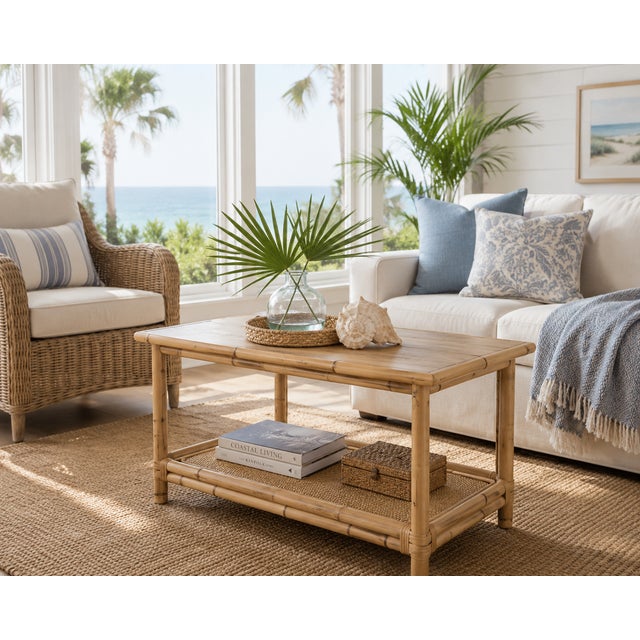 Vintage Mid Century McGuire Style Real Bamboo and Rattan Coffee Table with a Faux Bois Formica Laminate top The Color...
