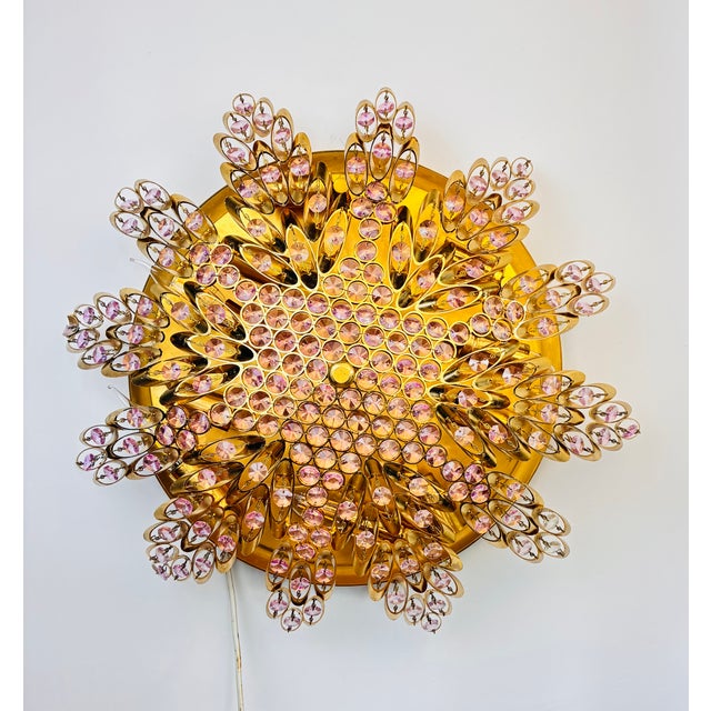 Vintage Brass Sunburst Ceiling Light, Hand-Painted Pink Crystal Beaded Mandala Chandelier, 10-Light Flush Mount For Sale - Image 15 of 18