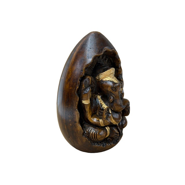 Asian Vintage Oval Egg Shape Wood Relief Carved Ganesha Meditation Figure For Sale - Image 3 of 8