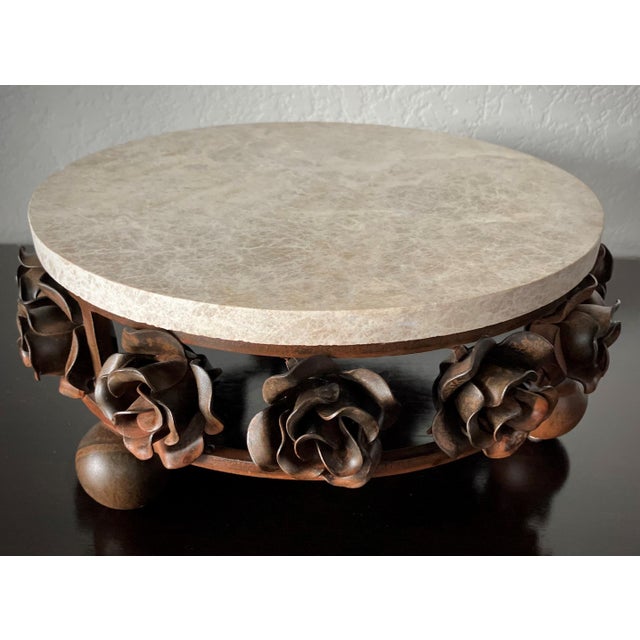 Late 20th-Century Hand-Forged Iron Rose & Travertine Circular Dessert Stand in the Manner of Jan Barboglio For Sale - Image 13 of 18