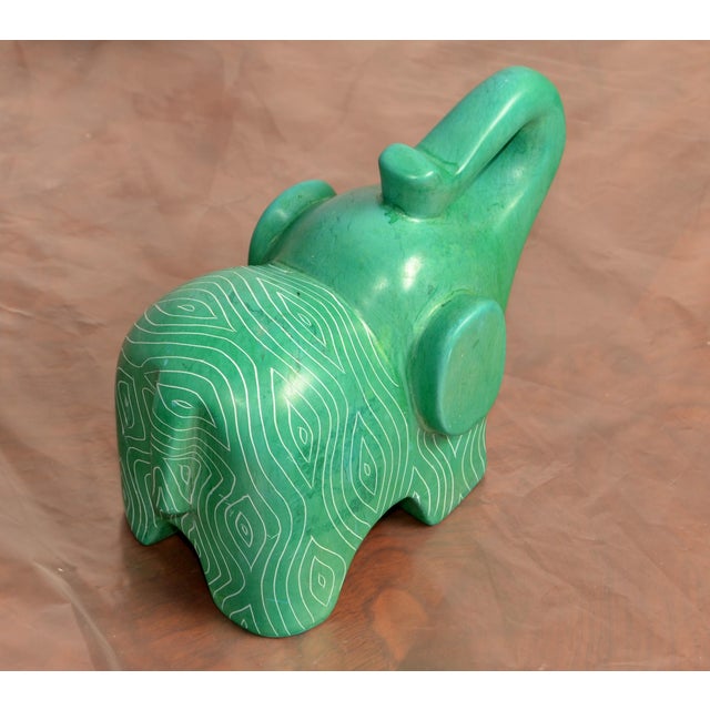 Vintage African Folk Art Carved Soapstone Ocean Green Elephant Figurine Animal For Sale In Miami - Image 6 of 13