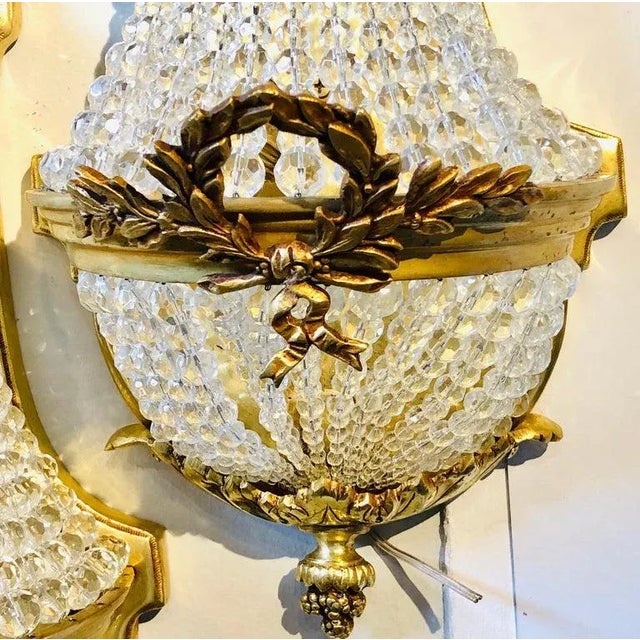 Louis XVI Style Bronze and Crystal Beaded Small Wall Sconce - a Pair For Sale - Image 9 of 13