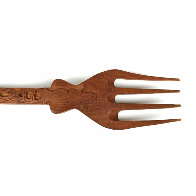 Mid 20th Century Tall Solid Wood Hand Carved Fork and Spoon With Elephant Motif Handles - 2 Pieces For Sale - Image 4 of 12