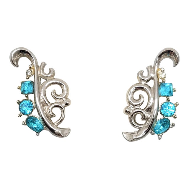 Vintage 1950 Signed Crown Trifari Alfred Philippe Design Faux-Aquamarine Clip Earrings - 2 Pieces For Sale