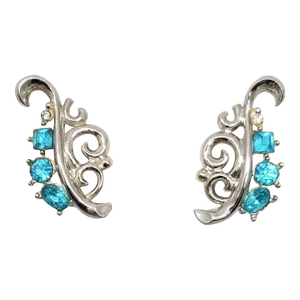 Vintage 1950 Signed Crown Trifari Alfred Philippe Design Faux-Aquamarine Clip Earrings - 2 Pieces