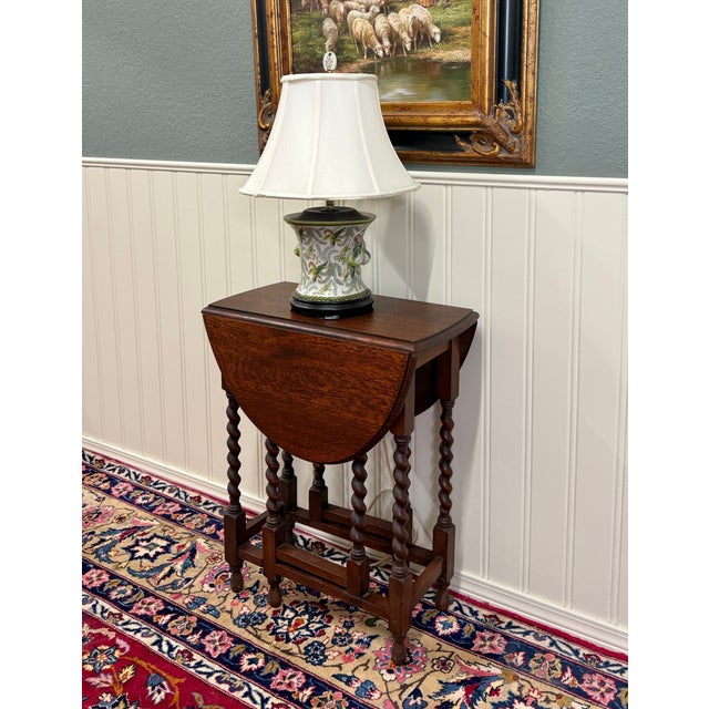 Antique English Petite Table Drop Leaf Gateleg Barley Twist Oak Oval c.1920-30s For Sale - Image 16 of 16