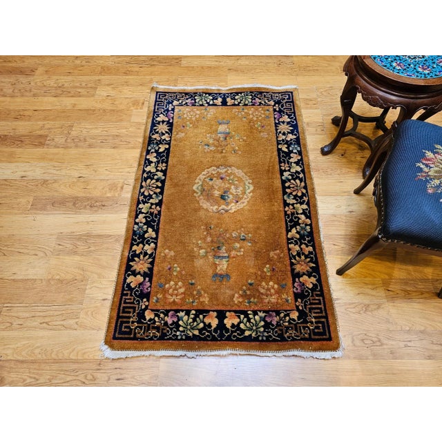 Vintage Chinese Art Deco Area Rug, Hand-Knotted Wool Pile, Tan, Dark Blue, 1920s For Sale - Image 12 of 12
