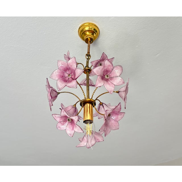 Vintage Italian Murano Style Hand-Painted Pink Floral Pendant Light, Romantic Glass Blossom Chandelier, Dramatic Ceiling Shadow Display For Sale - Image 13 of 17
