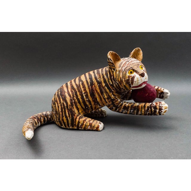 Saturnino Portuound (Pucho) Odio (Cuban 1928-1997) Cat With Ball Painted Carved Wood Sculpture. Measures approximately 13...