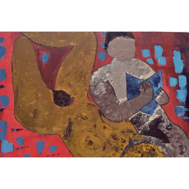 Abstract Expressionist painting of nude and reader dated December 1966 by Jennifer Wallace (American, 20th Century). Image...