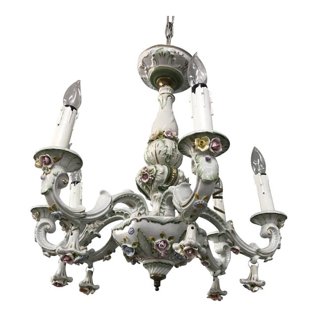 Vintage 1950s French Limoges Paris Porcelain Shabby Chic 6 Arm Chandelier For Sale