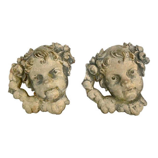 Antique Rococo Revival Plaster Cherub Relief, a Pair For Sale