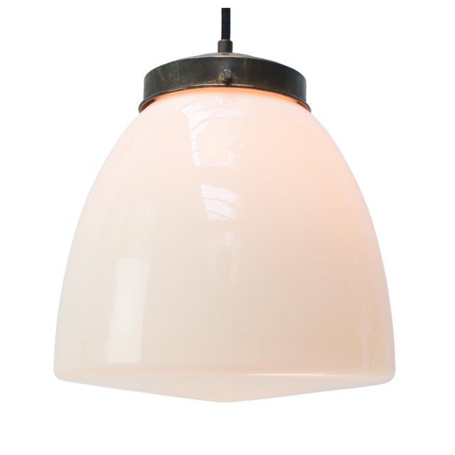Early 20th Century White Opaline and Brass Top Pendant Light from Philips, Holland For Sale - Image 3 of 7