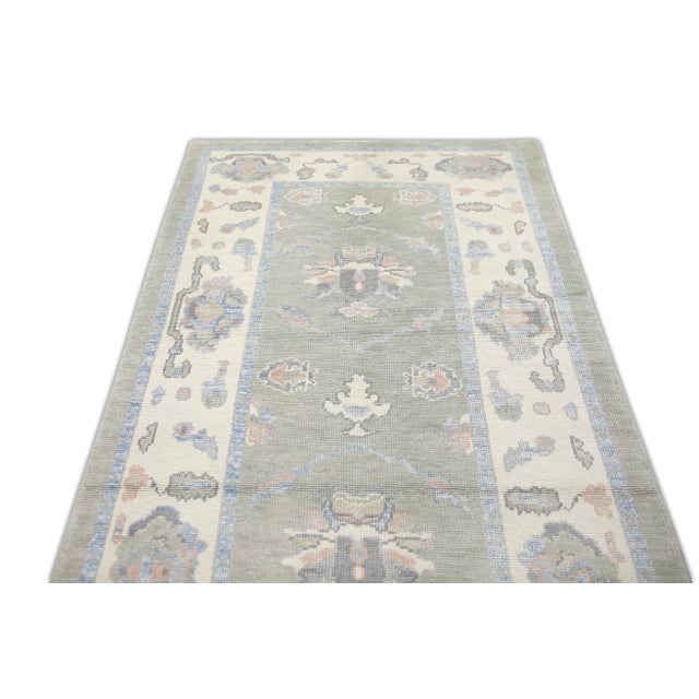 Turkish Oushak Runner Olive Green & Soft Blue Handwoven Wool Rug 4'2" X 14'8" For Sale - Image 4 of 8