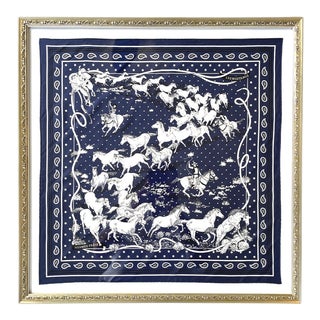 Contemporary Hermes Les Mustangs Navy Bandana Silk Scarf Framed Art For Sale