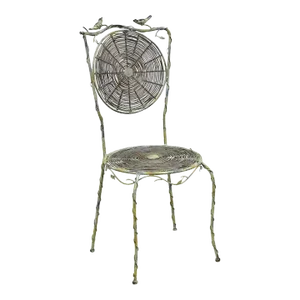 French Country Style Iron and Wood Reed Green Bistro Side Chair With Birds