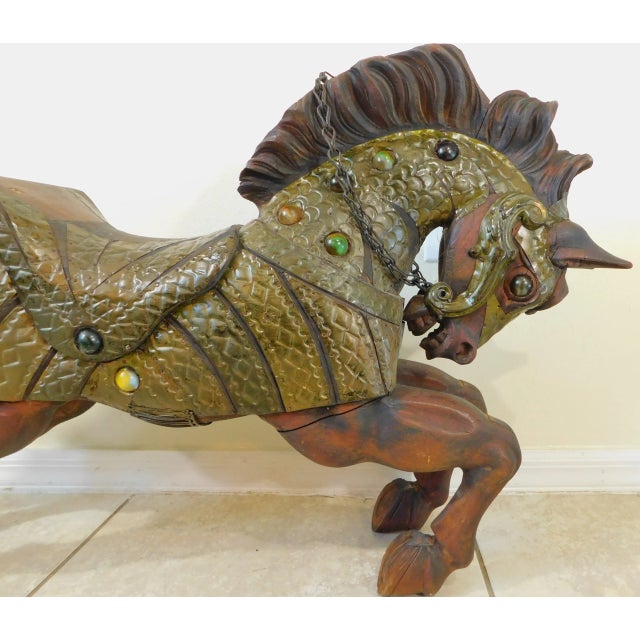 Large Mid Century Elaborate Hand Carved Solid Wood & Brass Jeweled Equestrian Horse Art Sculpture For Sale In West Palm - Image 6 of 11