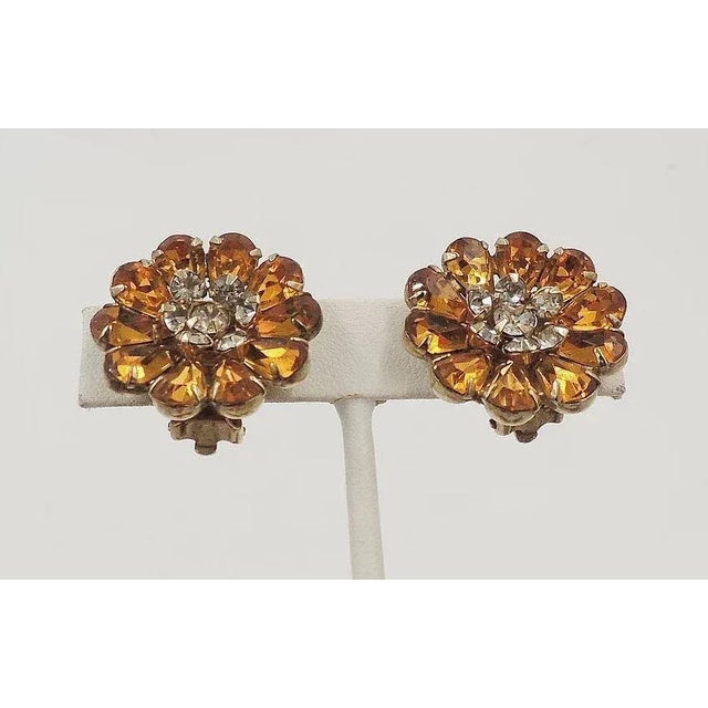 Mid-Century Modern Vintage 1950s Signed Kramer Goldtone Faux-Topaz Rhinestone Clip Earrings - 2 Pieces For Sale - Image 3 of 7