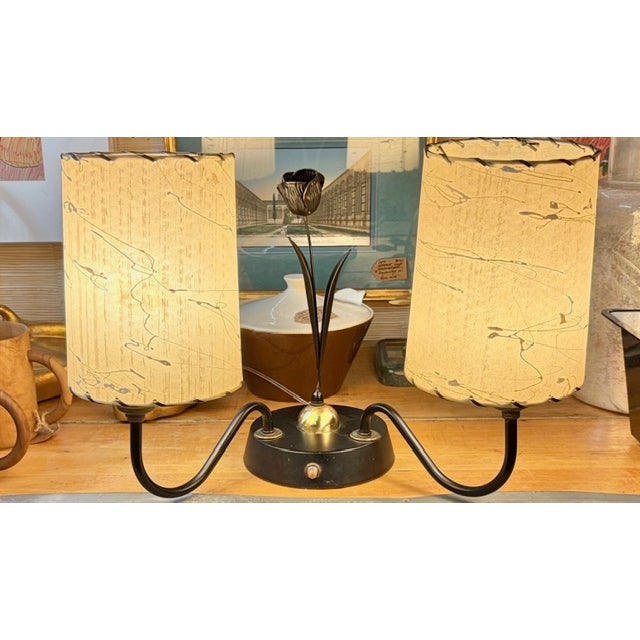 Mid-Century Modern Mid Century Brass Desk Lamp in Black Finish - Center Tulip Flower Motif For Sale - Image 3 of 12