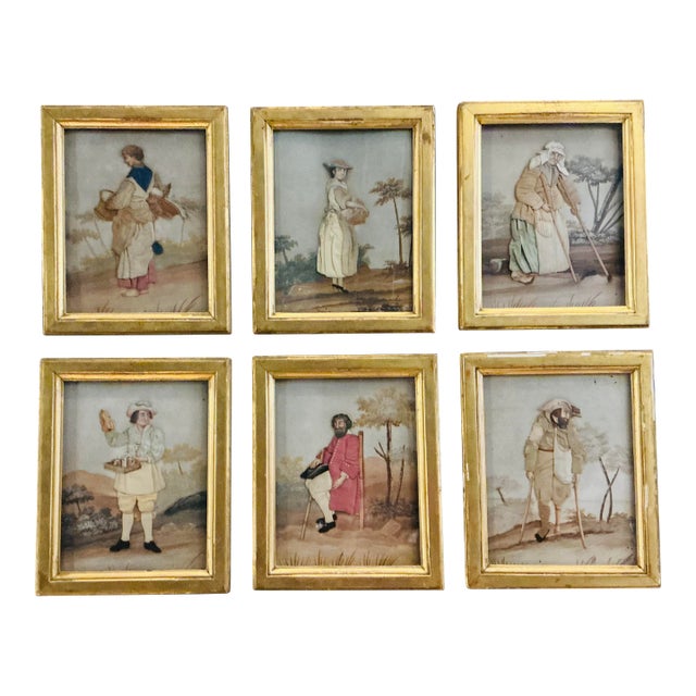 Rare Set of 6-Folk Art Dressed Pictures (Habille) 19th C For Sale