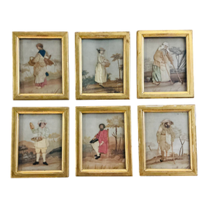 Rare Set of 6-Folk Art Dressed Pictures (Habille) 19th C