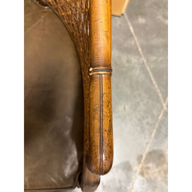 Mid-Century Faux Bamboo and Cane Barrel Back Chair With Leather Cushion For Sale - Image 11 of 11