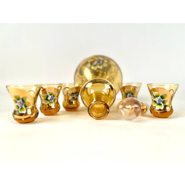 1950s Bohemian Crystal Gold Hand Painted Decanter and 5 Shot Glasses Set For Sale - Image 4 of 10